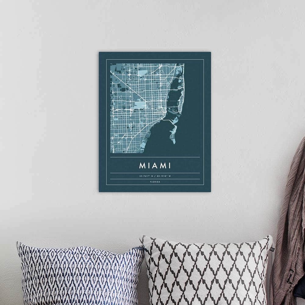 A bohemian room featuring Navy minimal city map of Miami, Florida USA with longitude and latitude coordinates.