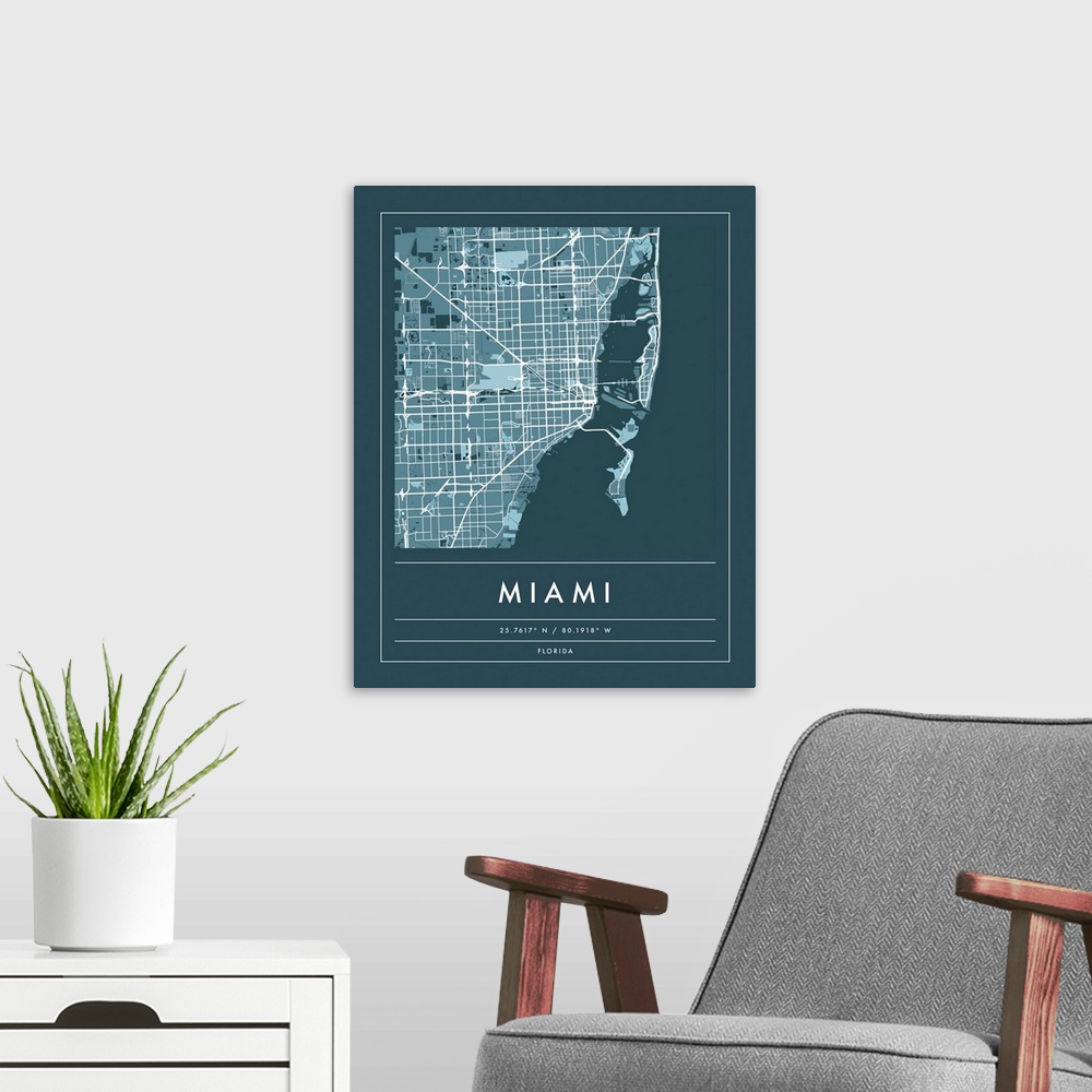 A modern room featuring Navy minimal city map of Miami, Florida USA with longitude and latitude coordinates.