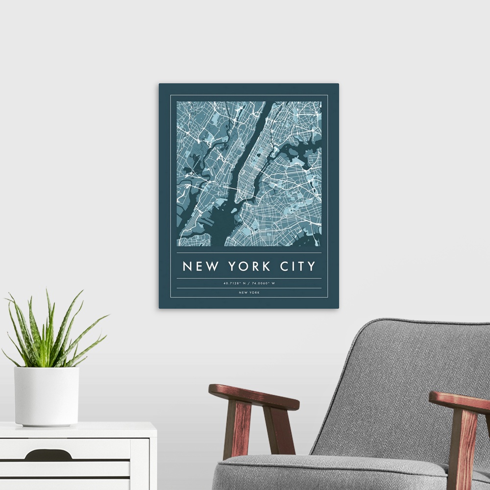 A modern room featuring Navy minimal city map of New York City, New York, USA with longitude and latitude coordinates.
