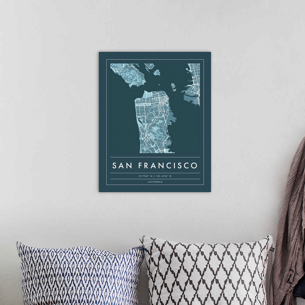 A bohemian room featuring Navy minimal city map of San Francisco, California, USA with longitude and latitude coordinates.