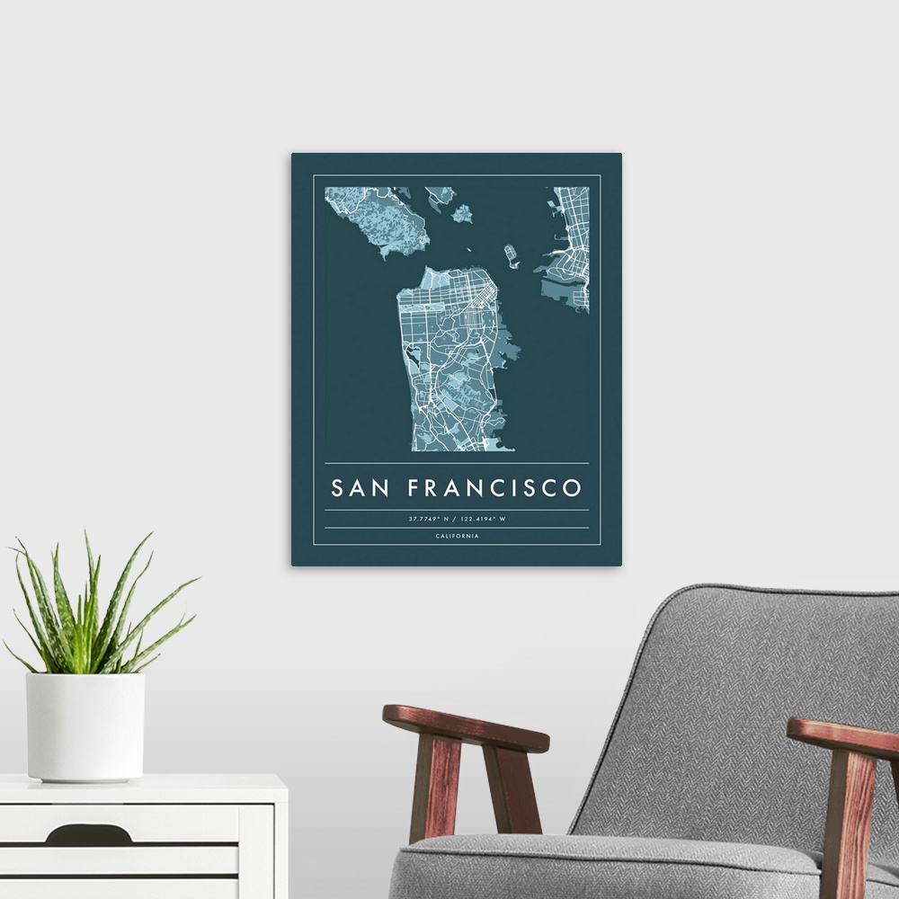 A modern room featuring Navy minimal city map of San Francisco, California, USA with longitude and latitude coordinates.