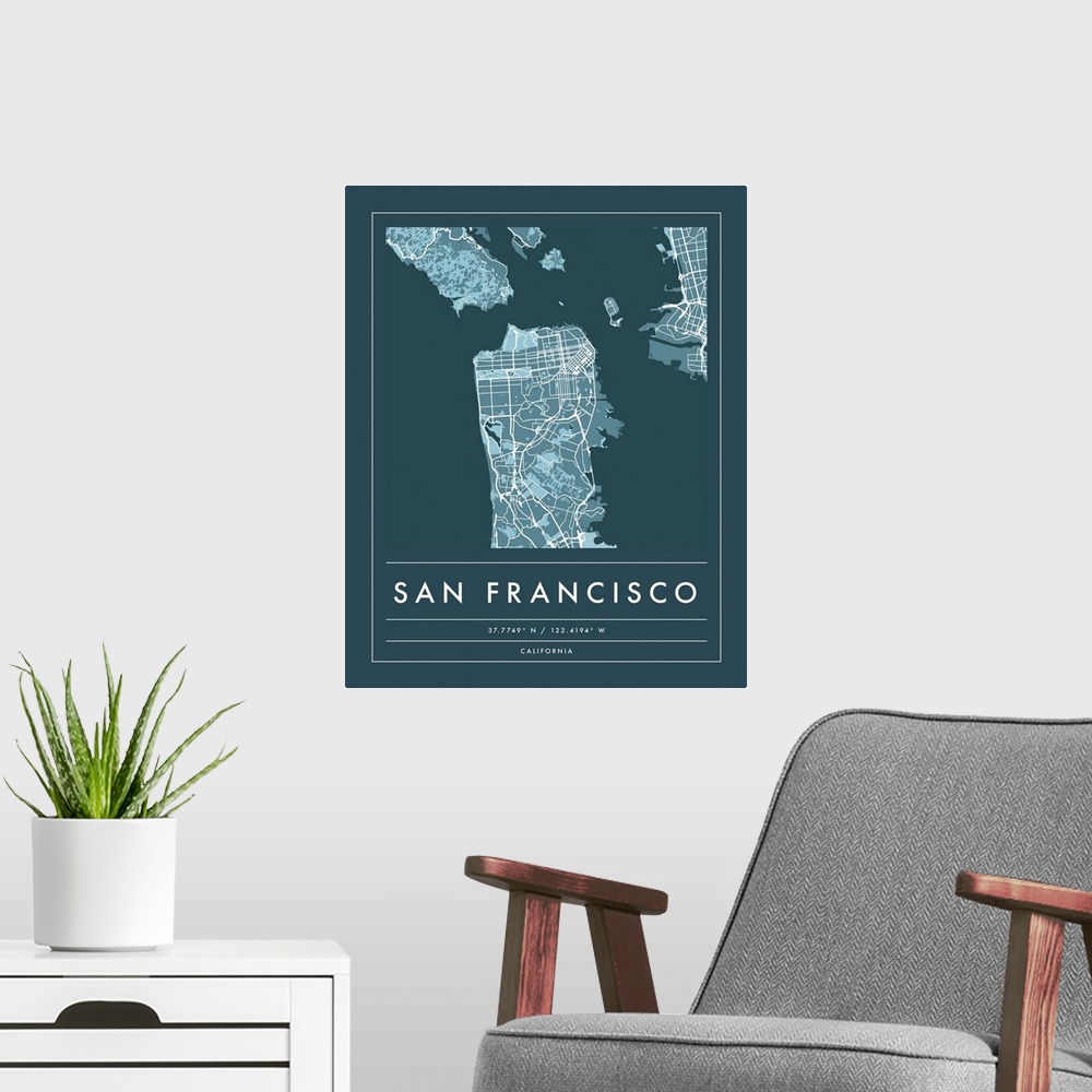 A modern room featuring Navy minimal city map of San Francisco, California, USA with longitude and latitude coordinates.