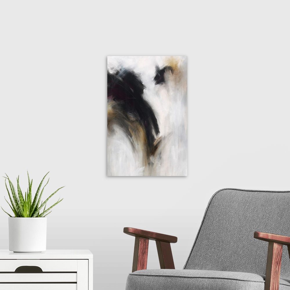 A modern room featuring Vertical abstract painting with dark black over bright grey.