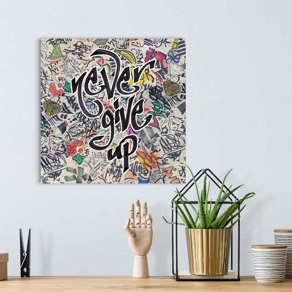 A bohemian room featuring Graffiti-style lettering over a grunge background of pop stickers and symbols.