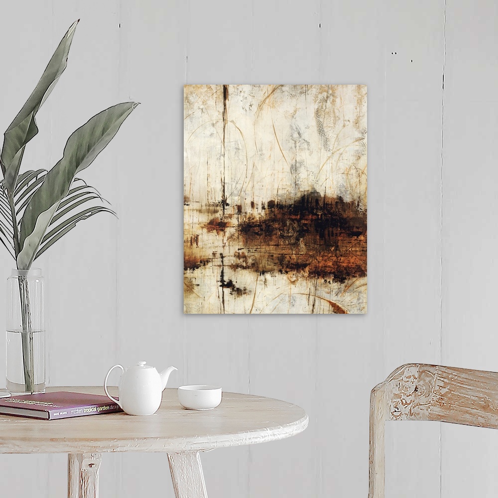 A farmhouse room featuring This piece of abstract artwork has a neutral background that appears to have been scratched and d...