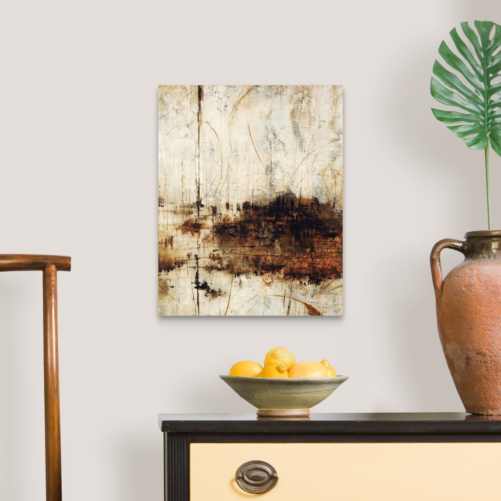 A traditional room featuring This piece of abstract artwork has a neutral background that appears to have been scratched and d...