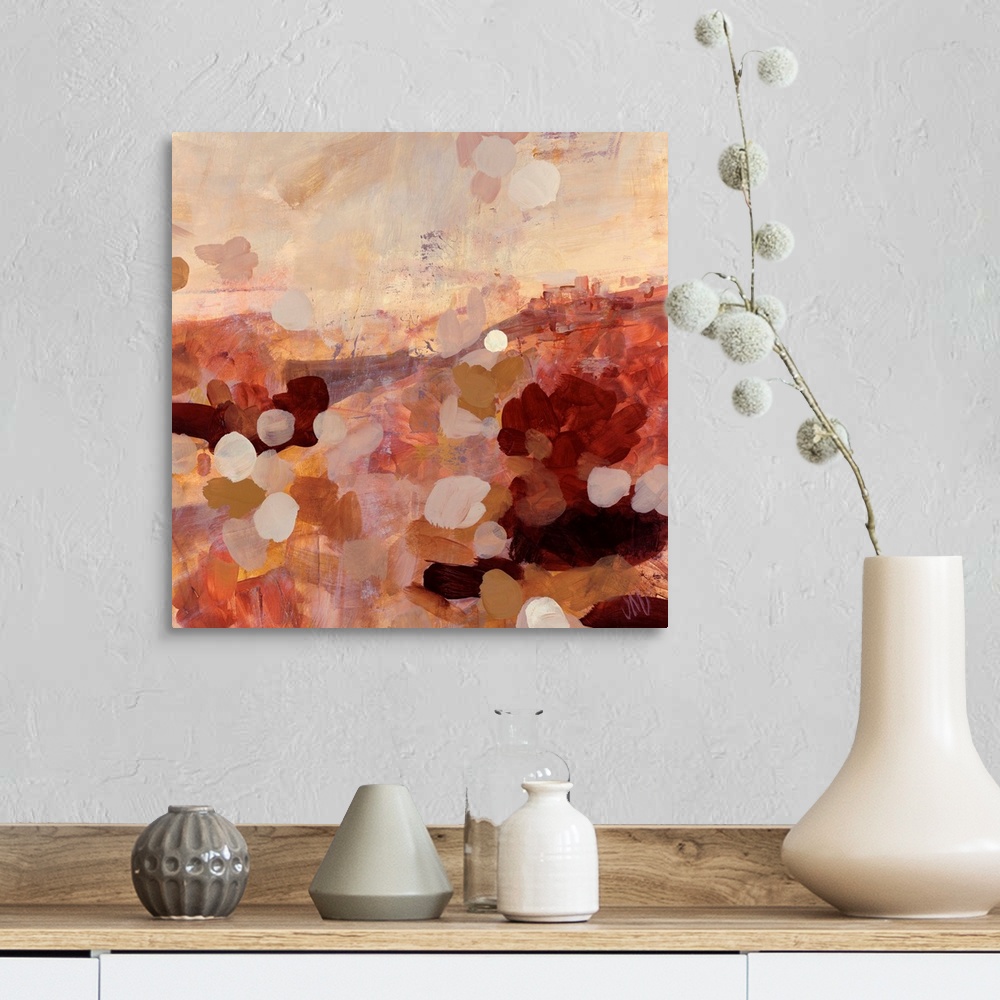 A farmhouse room featuring Earth tone abstract painting of layered paint daubs on top of wide brush strokes.