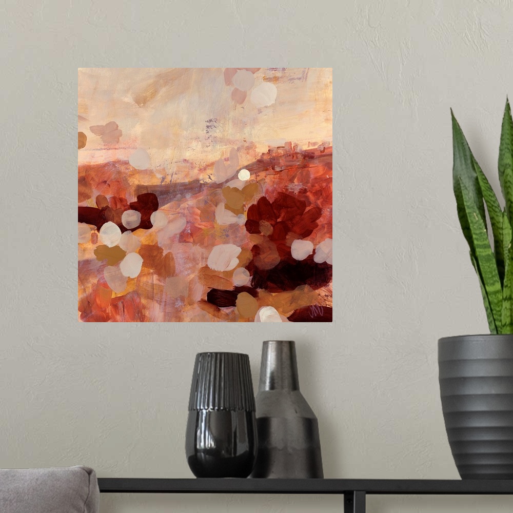 A modern room featuring Earth tone abstract painting of layered paint daubs on top of wide brush strokes.