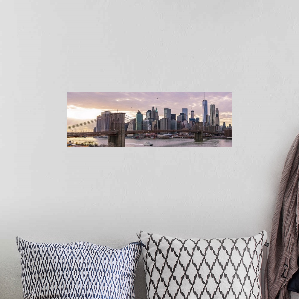 A bohemian room featuring The Brooklyn Bridge and New York City Skyline, New York, seen in the morning.