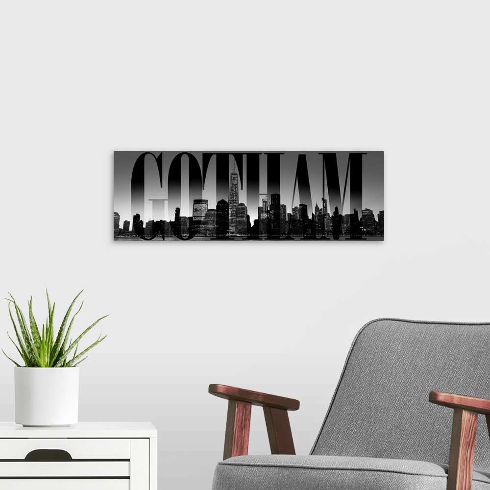 A modern room featuring Gotham Transparent typography art overlay against a photograph of the New York City skyline.