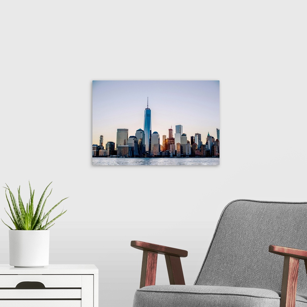 A modern room featuring View of the New York City skyline in the morning.