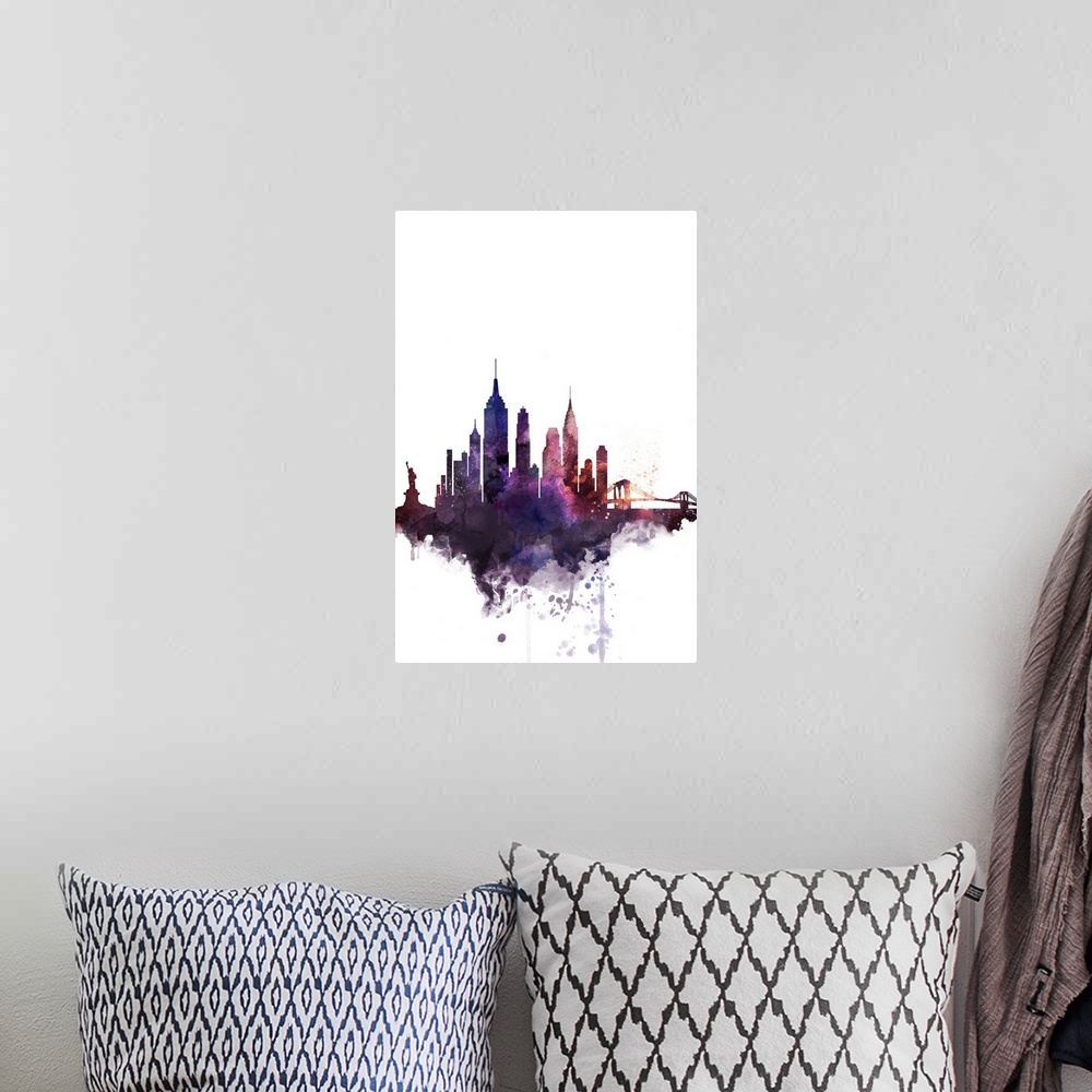 A bohemian room featuring The New York City skyline in colorful watercolor splashes.
