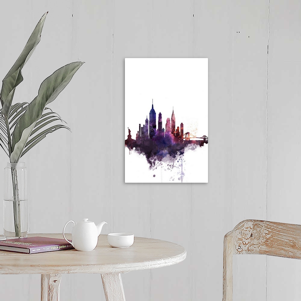 A farmhouse room featuring The New York City skyline in colorful watercolor splashes.