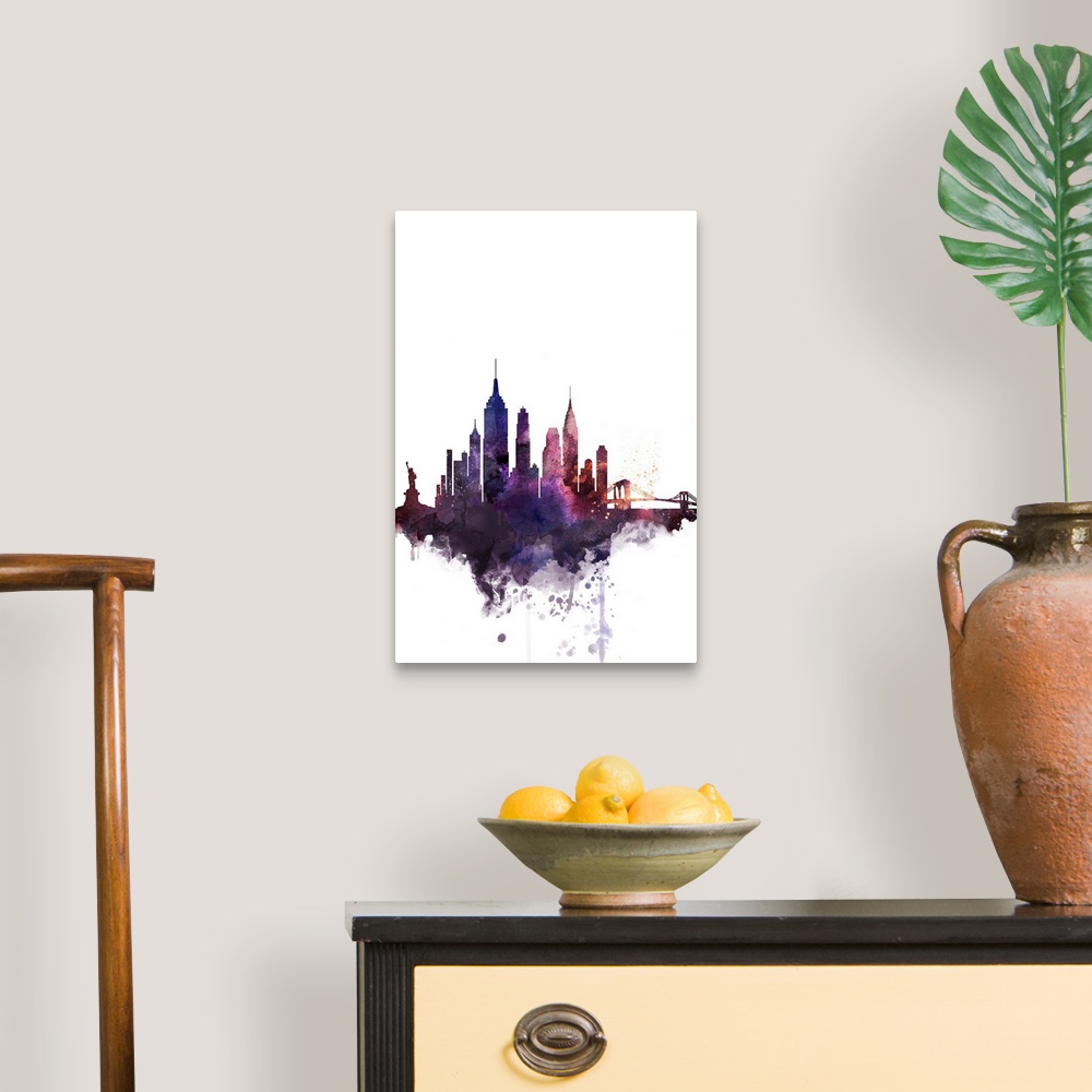 A traditional room featuring The New York City skyline in colorful watercolor splashes.