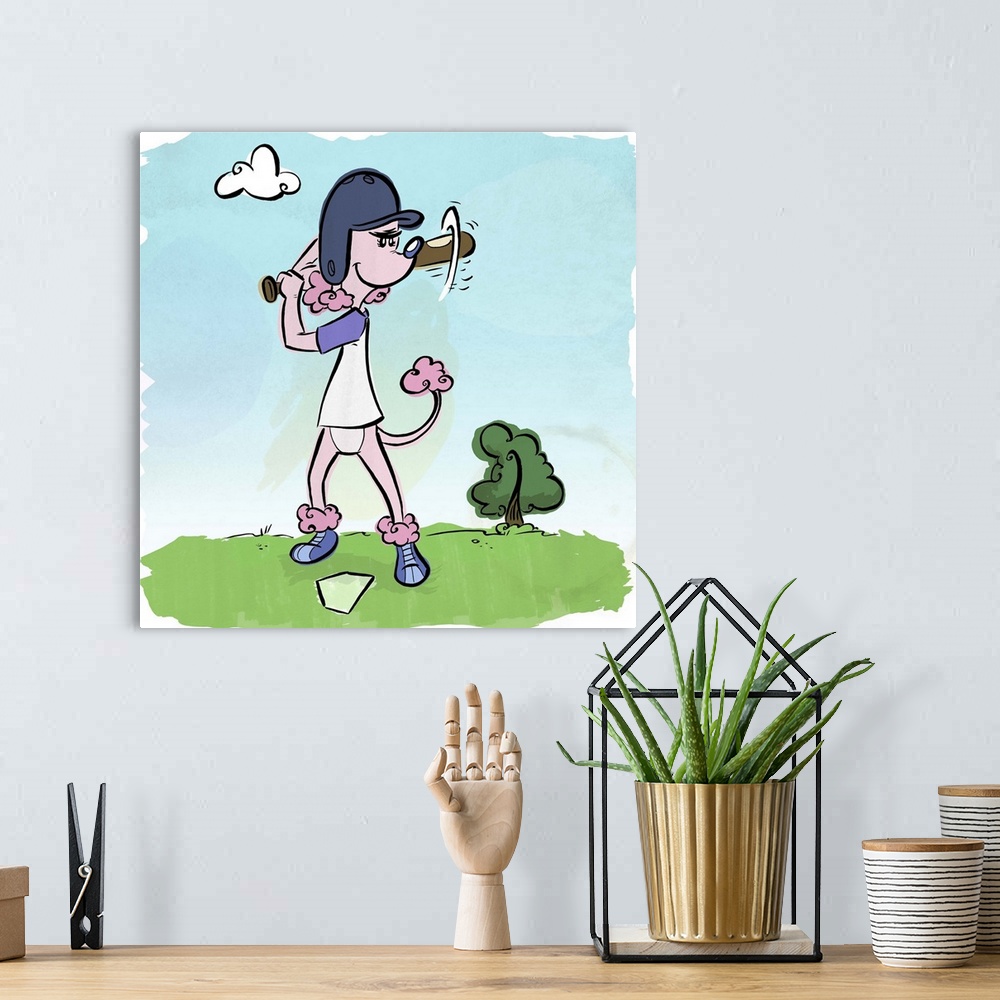 A bohemian room featuring Fun cartoon artwork of a poodle getting ready to hit a homerun.