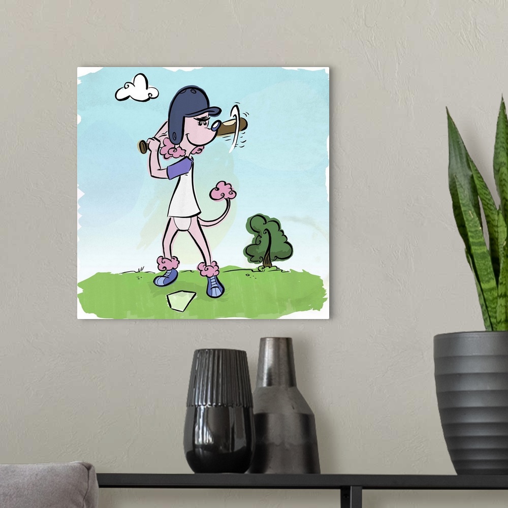 A modern room featuring Fun cartoon artwork of a poodle getting ready to hit a homerun.
