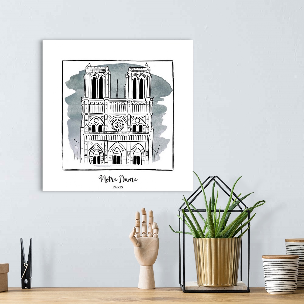 A bohemian room featuring An ink illustration of the Notre Dame Cathedral in Paris, France, with a grey watercolor wash.