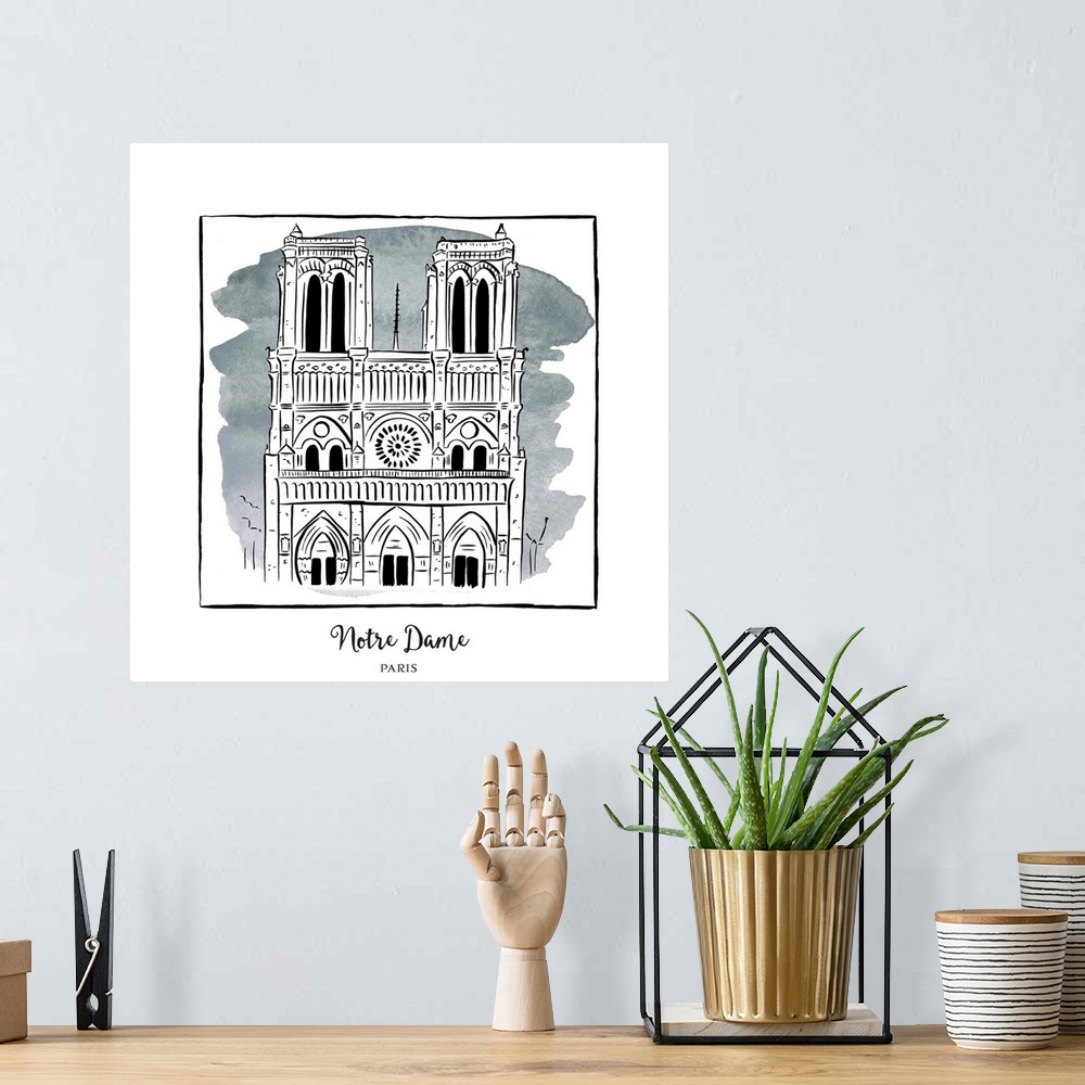 A bohemian room featuring An ink illustration of the Notre Dame Cathedral in Paris, France, with a grey watercolor wash.
