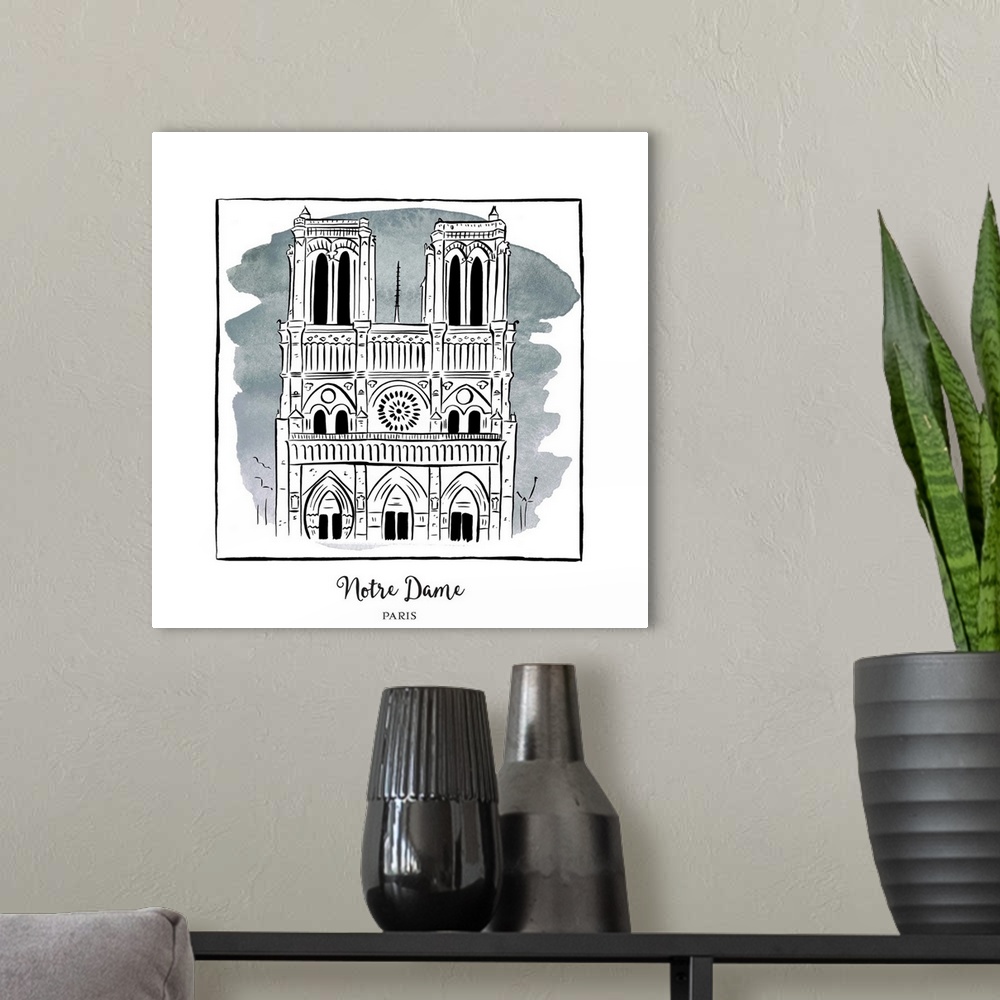 A modern room featuring An ink illustration of the Notre Dame Cathedral in Paris, France, with a grey watercolor wash.