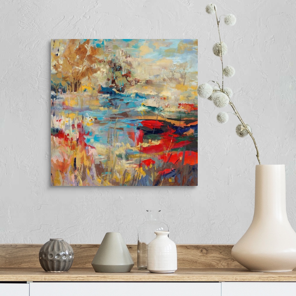 A farmhouse room featuring Abstract landscape painting of a creek with hints of poppy red and bright, mustard yellows.