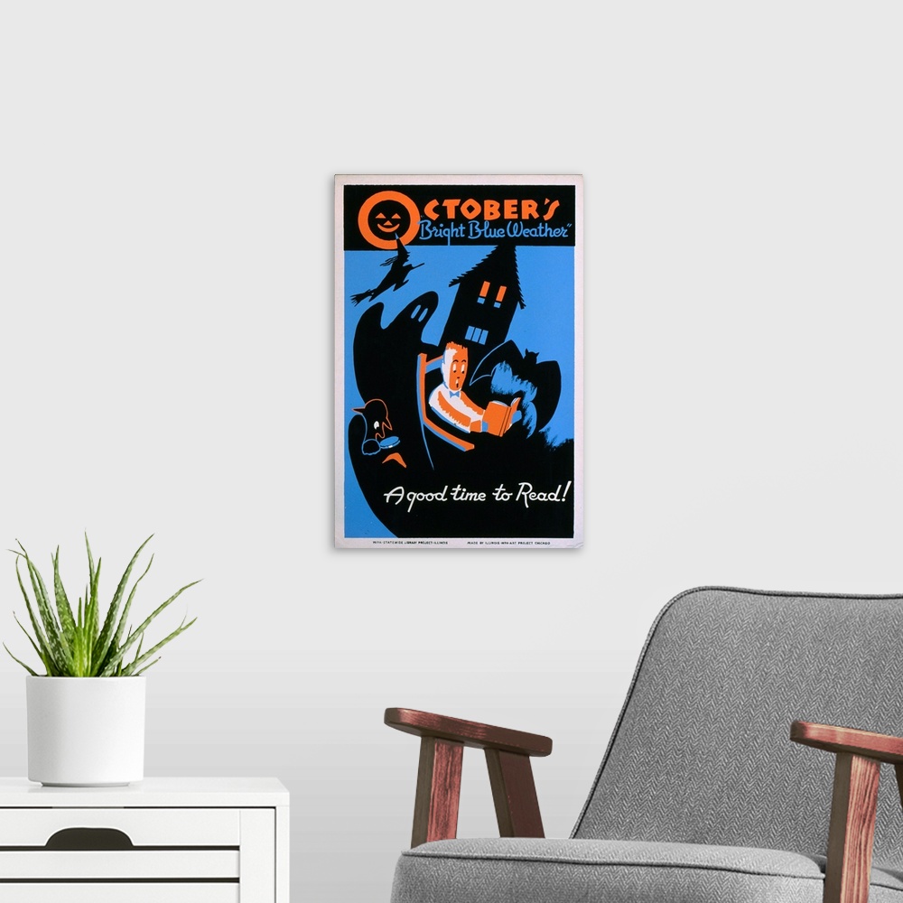 A modern room featuring Artwork for the WPA Statewide Library Project, showing a boy reading a book, surrounded by a bat,...
