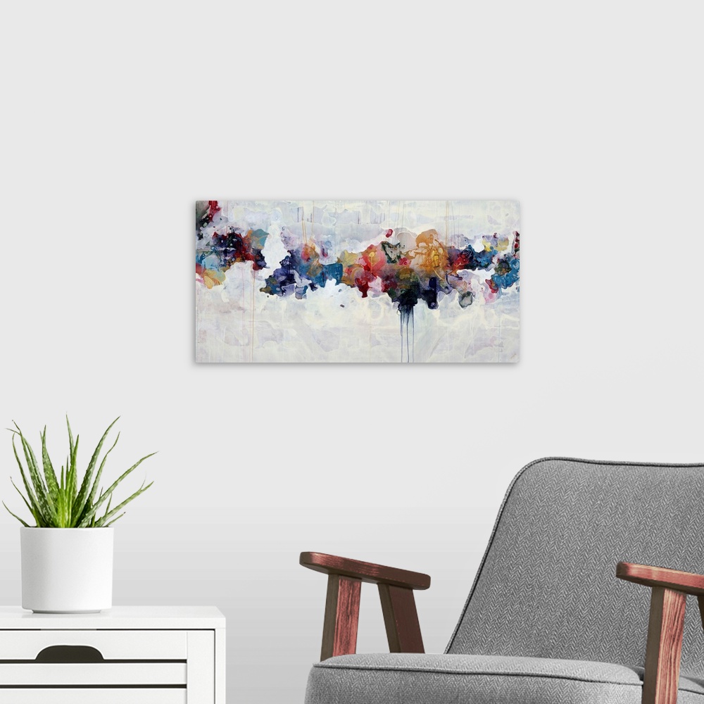 A modern room featuring Abstract painting of a spectrum of dull colors arranged across the image with drips falling from ...