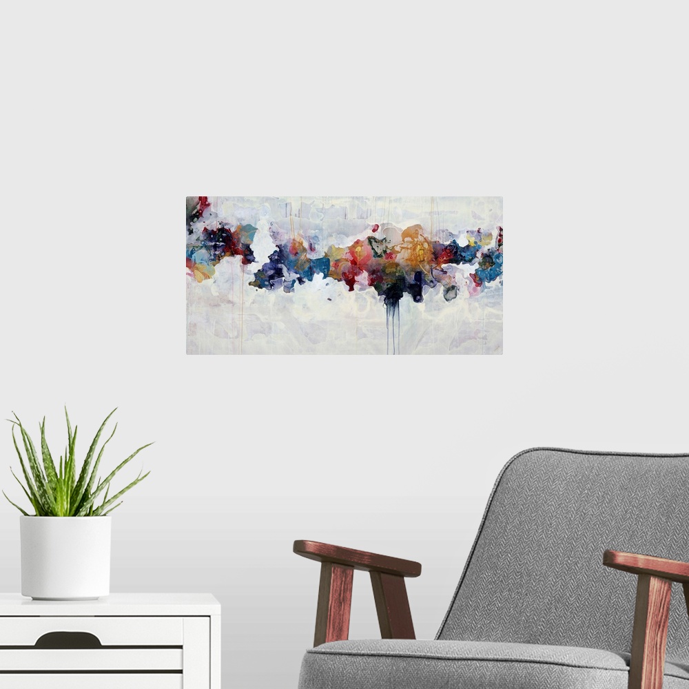 A modern room featuring Abstract painting of a spectrum of dull colors arranged across the image with drips falling from ...