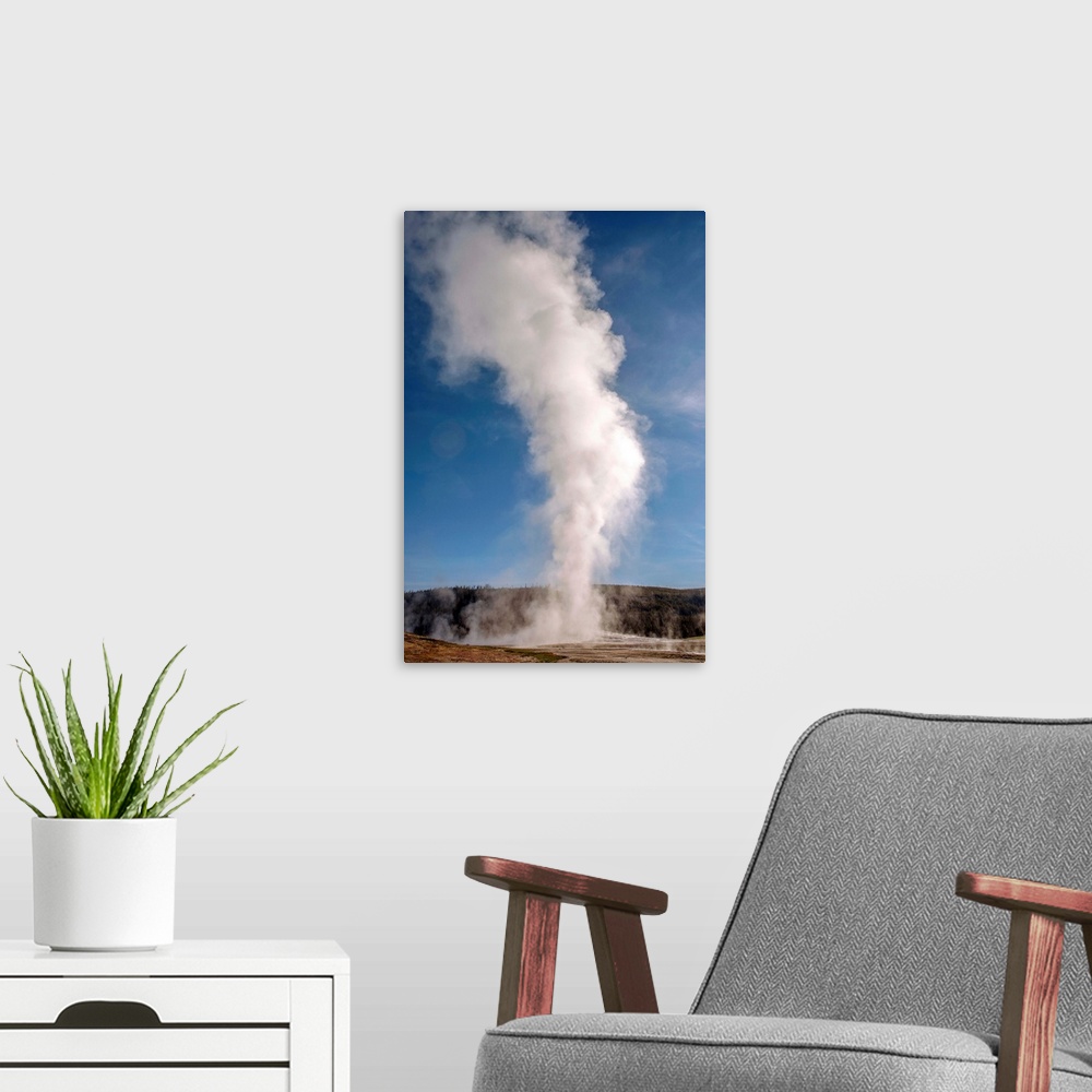 A modern room featuring The famous geyser, Old Faithful erupts into a tower of steam at Yellowstone National Park.