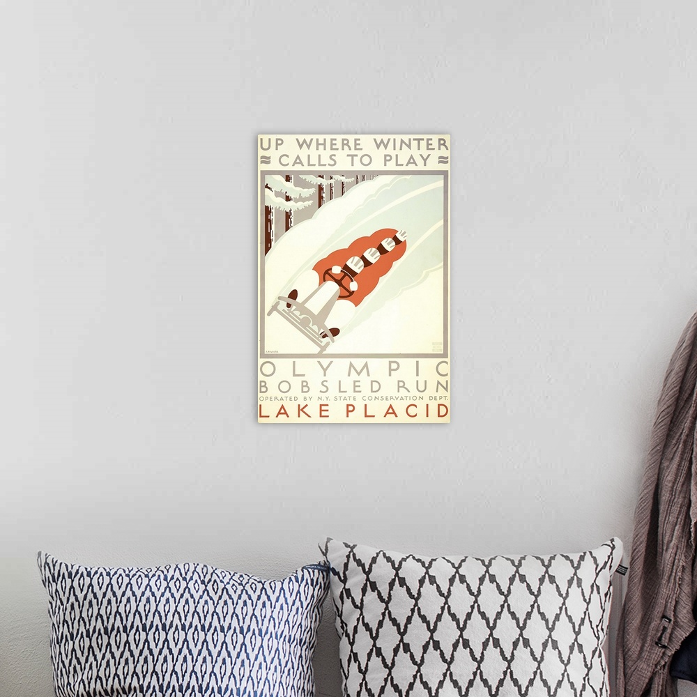 A bohemian room featuring Up where winter calls to play. Olympic bobsled run, Lake Placid. Poster promoting winter sports, ...