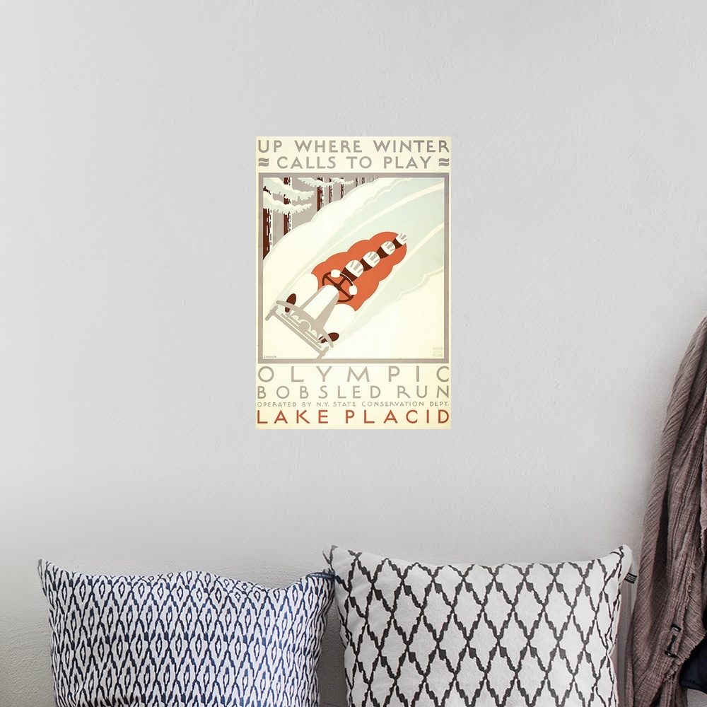 A bohemian room featuring Up where winter calls to play. Olympic bobsled run, Lake Placid. Poster promoting winter sports, ...