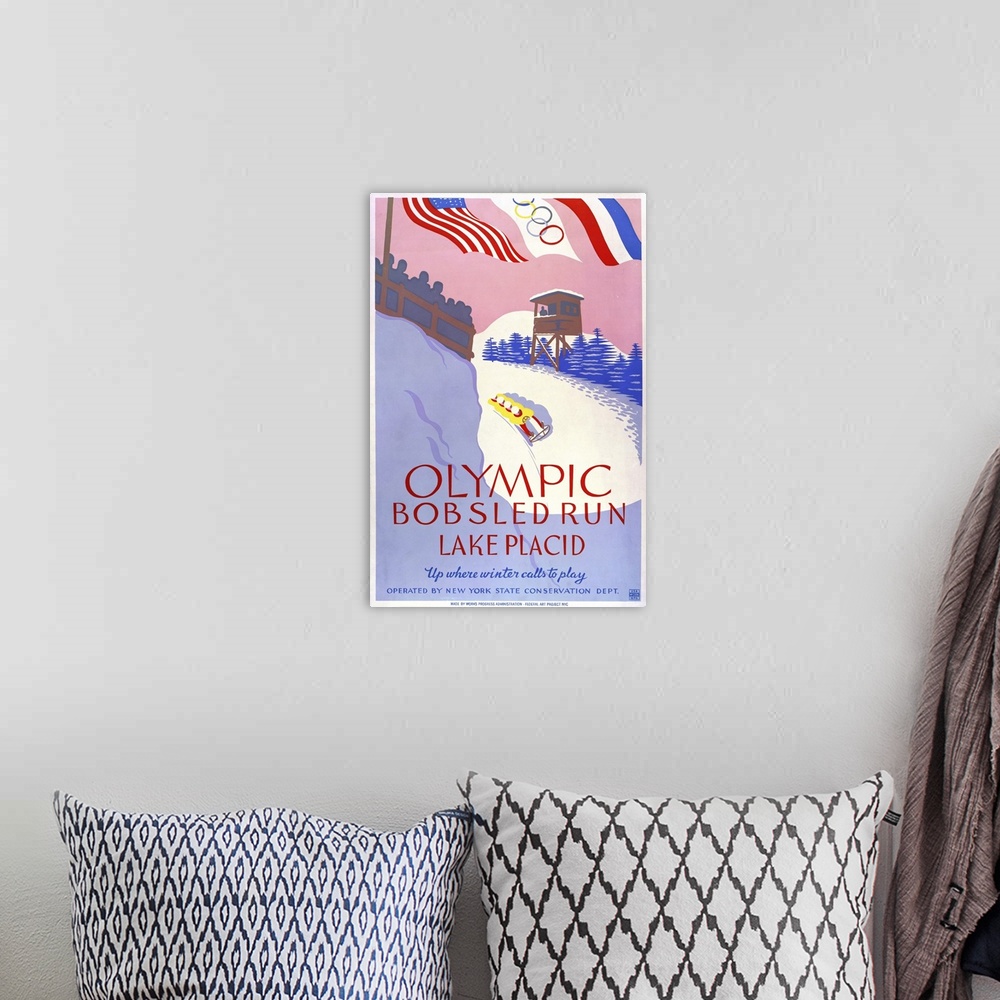 A bohemian room featuring Olympic bobsled run, Lake Placid. Up where winter calls to play. Poster promoting winter sports, ...