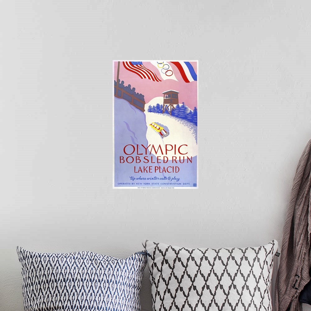 A bohemian room featuring Olympic bobsled run, Lake Placid. Up where winter calls to play. Poster promoting winter sports, ...