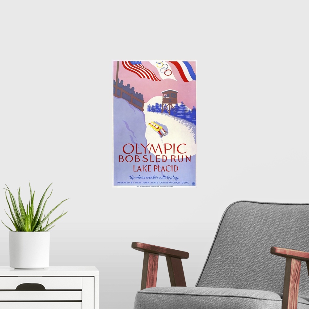A modern room featuring Olympic bobsled run, Lake Placid. Up where winter calls to play. Poster promoting winter sports, ...