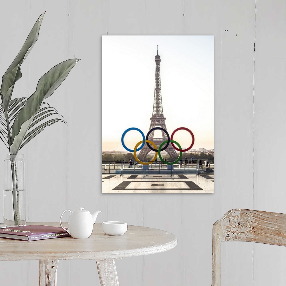A farmhouse room featuring Photograph of the Eiffel Tower at sunset with the Olympic Rings in front.