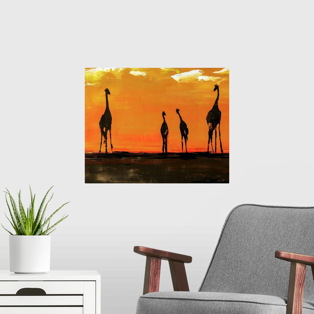 A modern room featuring Portrait of giraffes on the African plain in front of a vibrant, orange background.