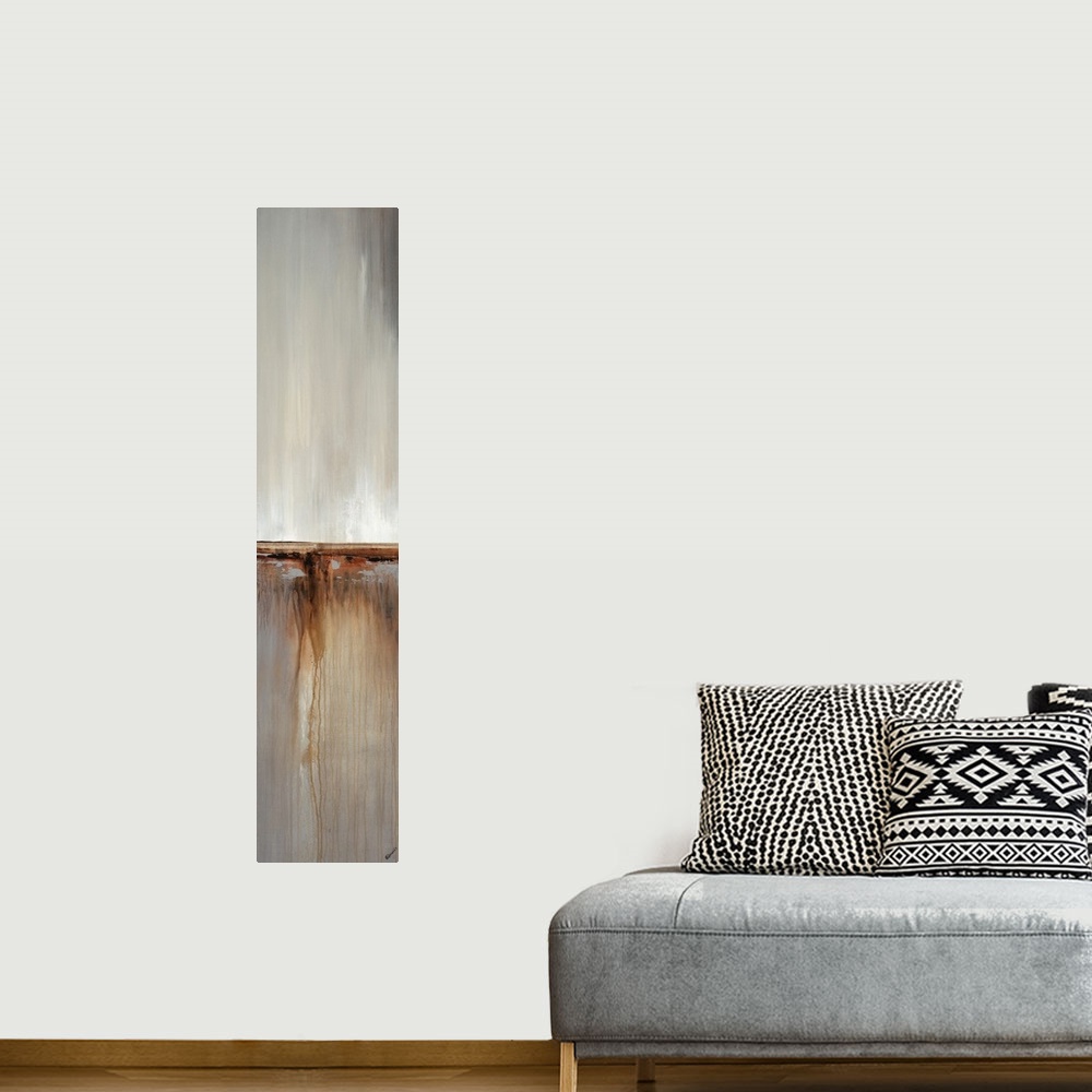 A bohemian room featuring Abstract painting with a composition of cool grays and tan divided in three sections.