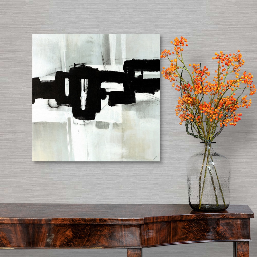 A traditional room featuring Contemporary abstract painting of interlocking black shapes over a gray background.