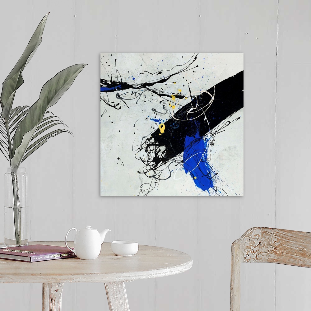 A farmhouse room featuring Contemporary abstract painting of a large black brushstroke accented with electric blue and cool ...