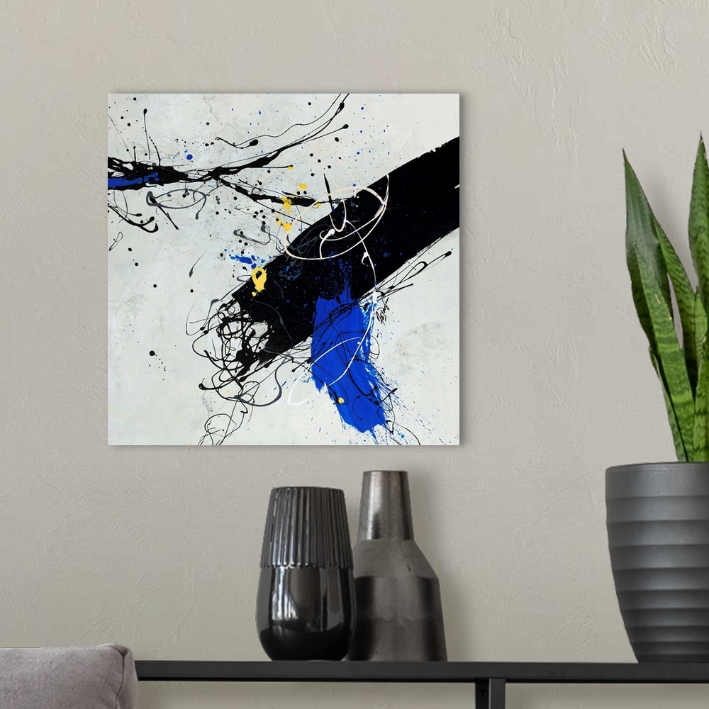 A modern room featuring Contemporary abstract painting of a large black brushstroke accented with electric blue and cool ...