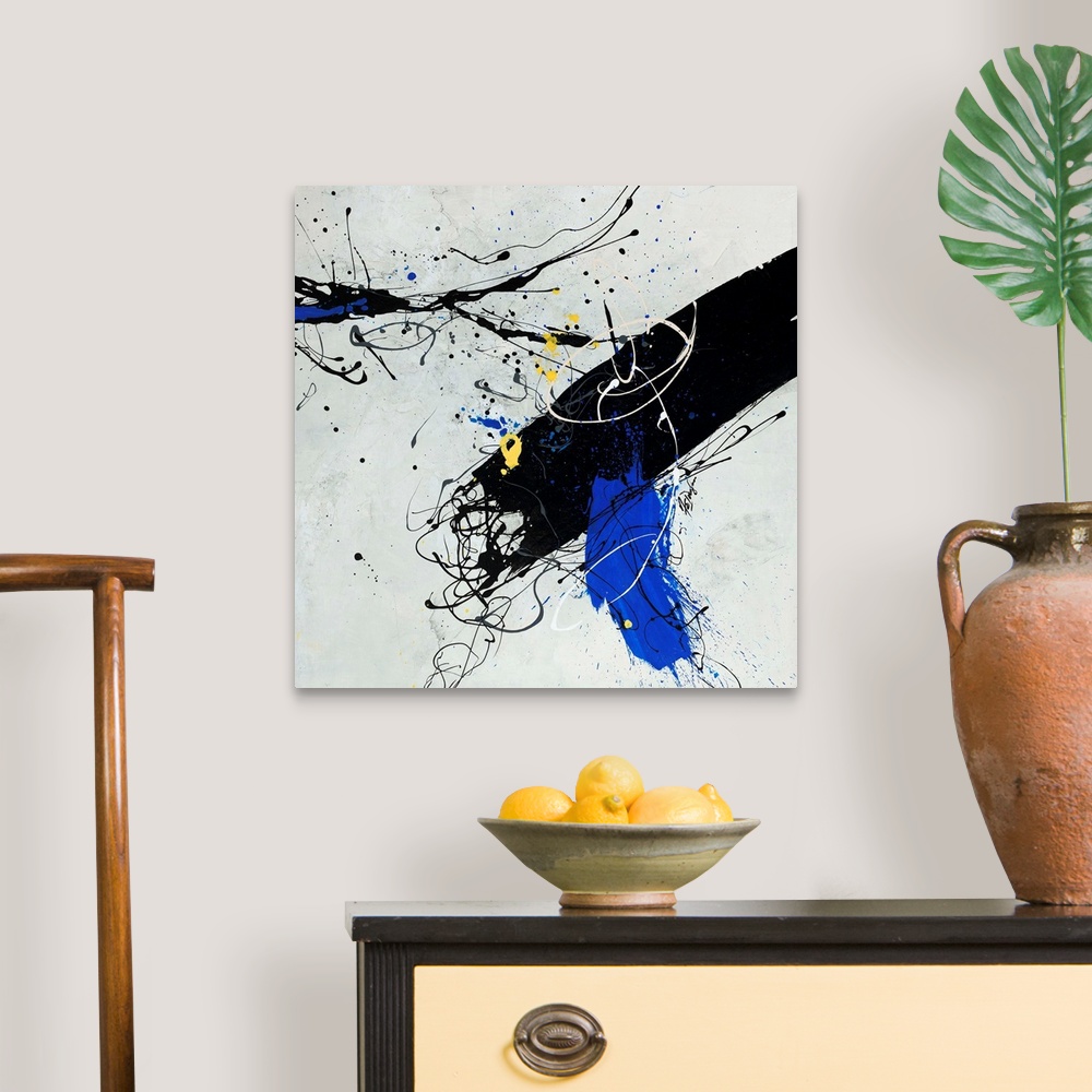 A traditional room featuring Contemporary abstract painting of a large black brushstroke accented with electric blue and cool ...