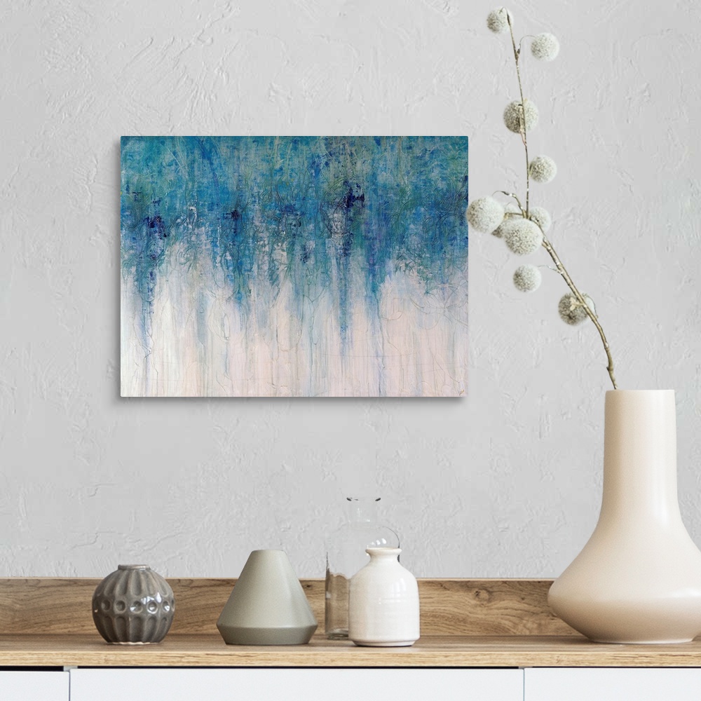 A farmhouse room featuring Abstract artwork with different shades of blue toward the top of the print fading down to an almo...