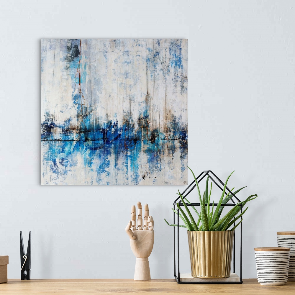 A bohemian room featuring Abstract painting of a city skyline in cool tones, reflecting in the water in the foreground. Pai...