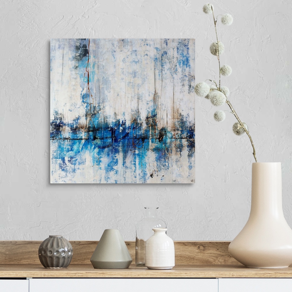 A farmhouse room featuring Abstract painting of a city skyline in cool tones, reflecting in the water in the foreground. Pai...