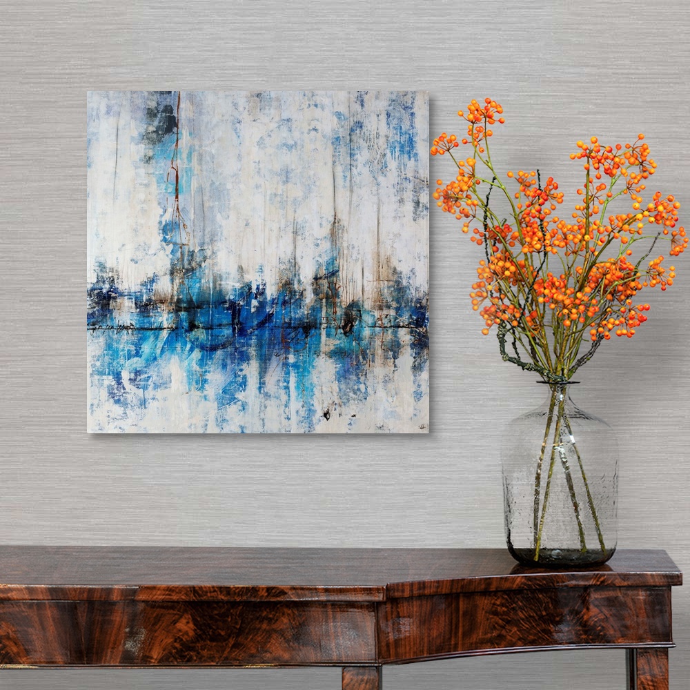 A traditional room featuring Abstract painting of a city skyline in cool tones, reflecting in the water in the foreground. Pai...