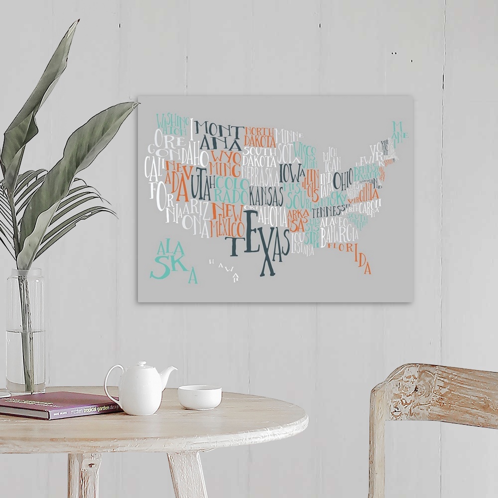 A farmhouse room featuring A hand-drawn typography map of the United States with all the state names, in blue, orange, and w...