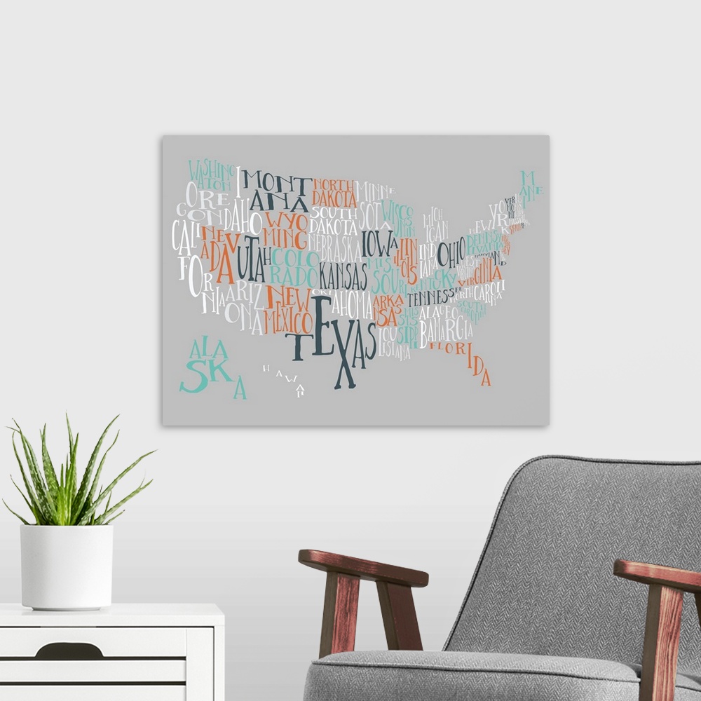 A modern room featuring A hand-drawn typography map of the United States with all the state names, in blue, orange, and w...