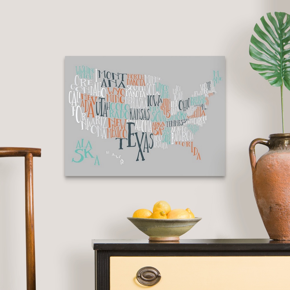 A traditional room featuring A hand-drawn typography map of the United States with all the state names, in blue, orange, and w...