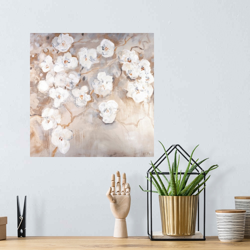 A bohemian room featuring Huge contemporary art shows a group of flowers against a bare background.