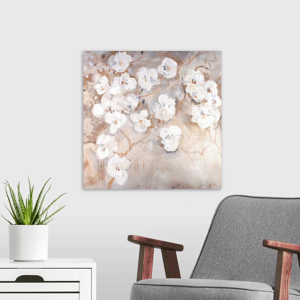 A modern room featuring Huge contemporary art shows a group of flowers against a bare background.