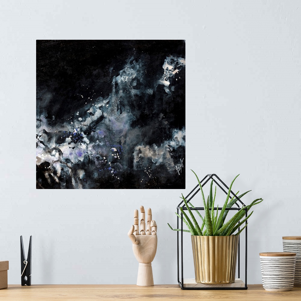 A bohemian room featuring This wall art is an abstract painting created by ink wash applications of paints to create star l...
